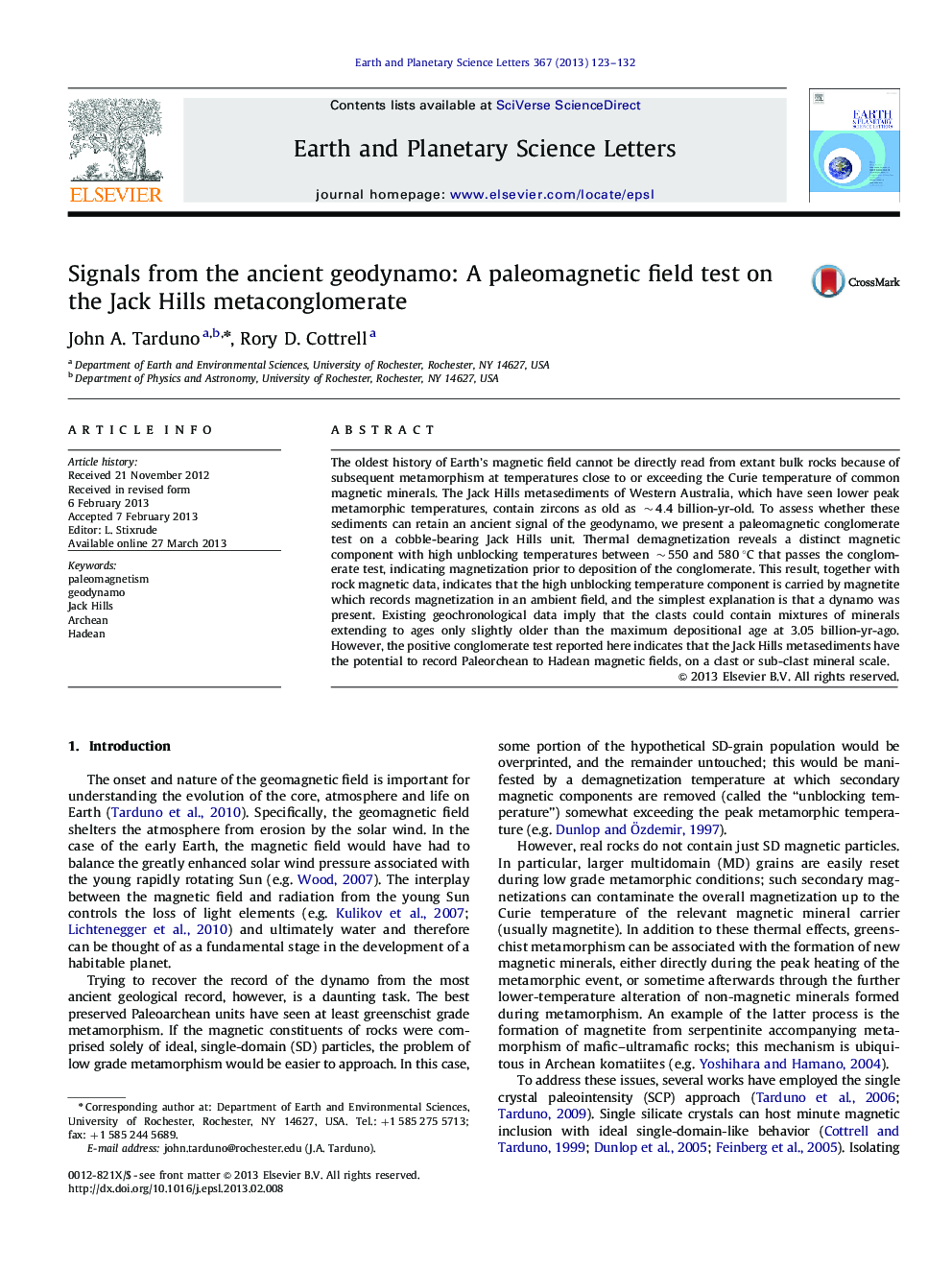 Signals from the ancient geodynamo: A paleomagnetic field test on the Jack Hills metaconglomerate