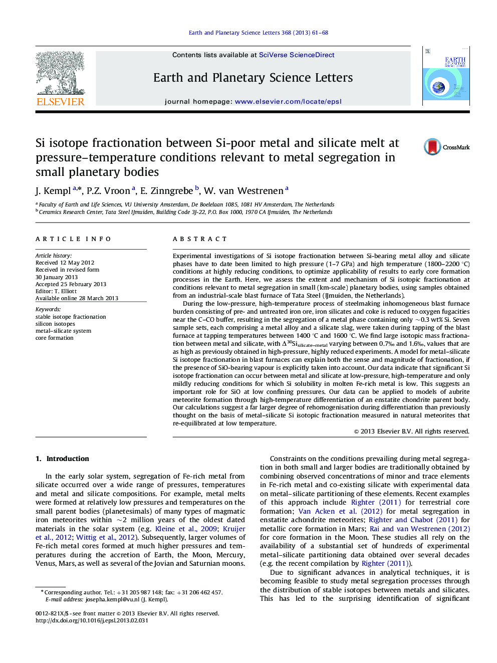 Si isotope fractionation between Si-poor metal and silicate melt at pressure-temperature conditions relevant to metal segregation in small planetary bodies