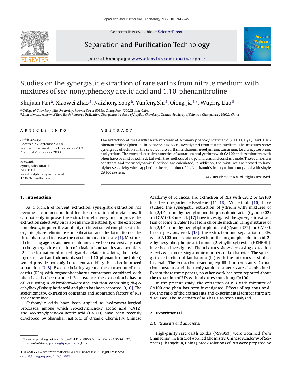 Studies on the synergistic extraction of rare earths from nitrate medium with mixtures of sec-nonylphenoxy acetic acid and 1,10-phenanthroline