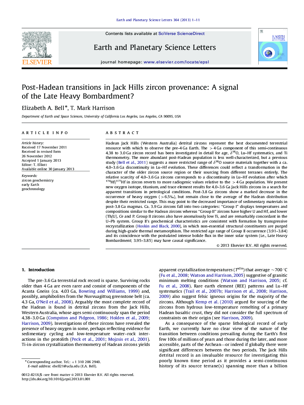 Post-Hadean transitions in Jack Hills zircon provenance: A signal of the Late Heavy Bombardment?