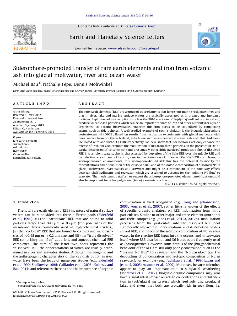 Siderophore-promoted transfer of rare earth elements and iron from volcanic ash into glacial meltwater, river and ocean water