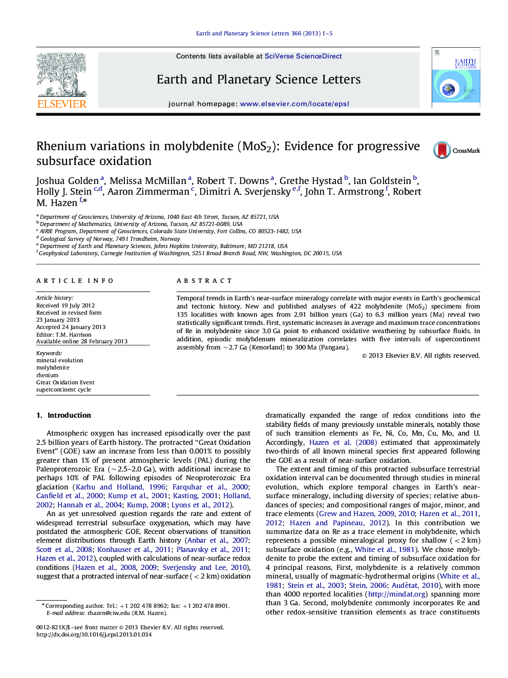 Rhenium variations in molybdenite (MoS2): Evidence for progressive subsurface oxidation