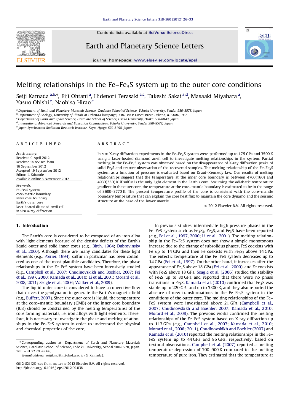 Melting relationships in the Fe-Fe3S system up to the outer core conditions