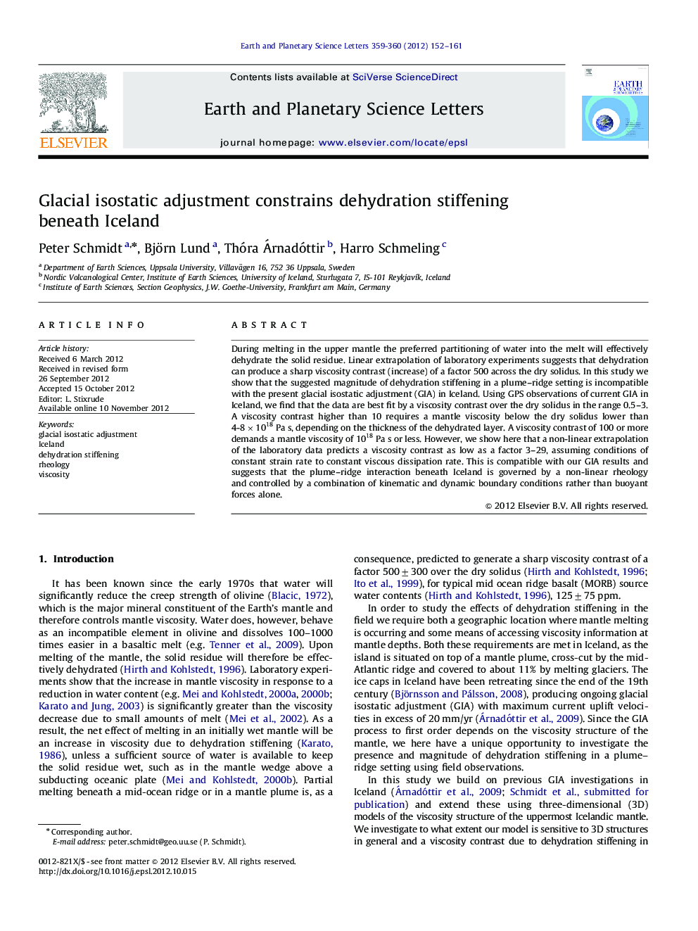 Glacial isostatic adjustment constrains dehydration stiffening beneath Iceland