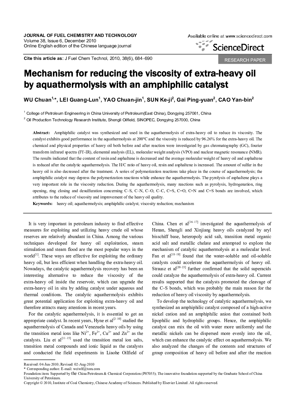 Mechanism for reducing the viscosity of extra-heavy oil by aquathermolysis with an amphiphilic catalyst 