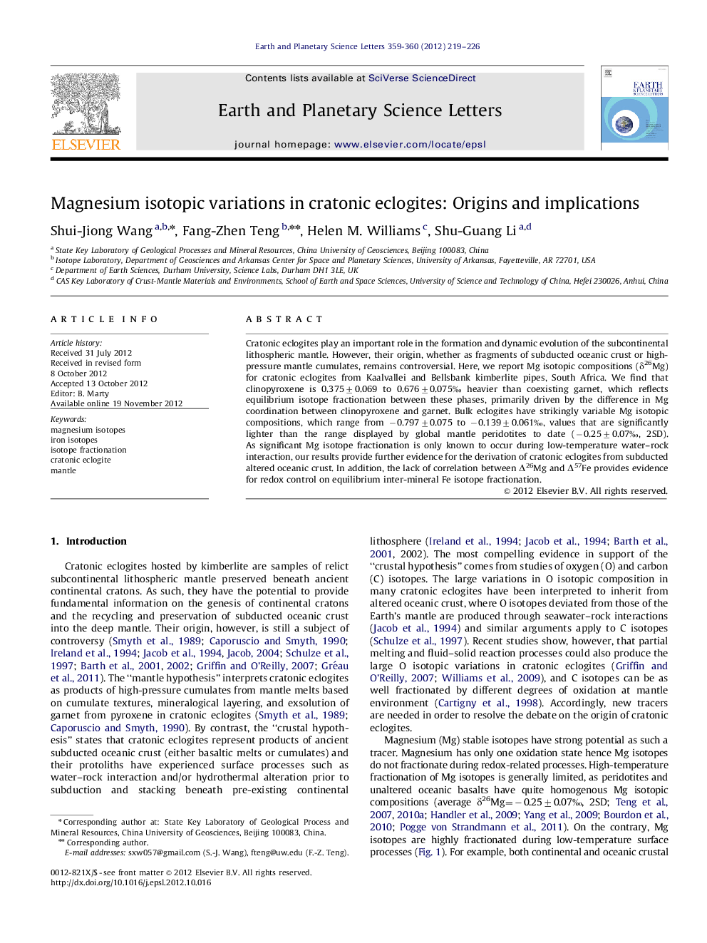 Magnesium isotopic variations in cratonic eclogites: Origins and implications