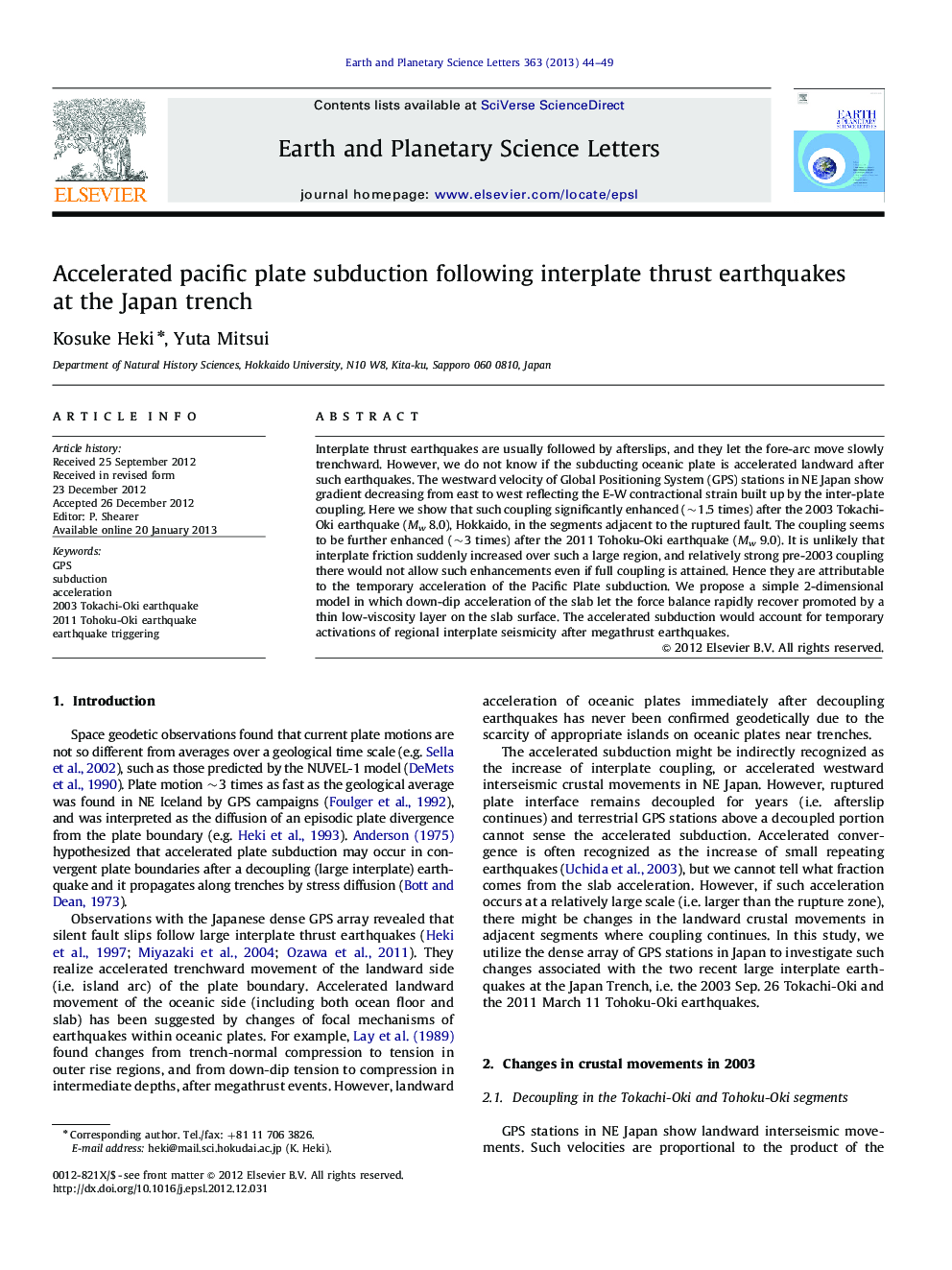 Accelerated pacific plate subduction following interplate thrust earthquakes at the Japan trench