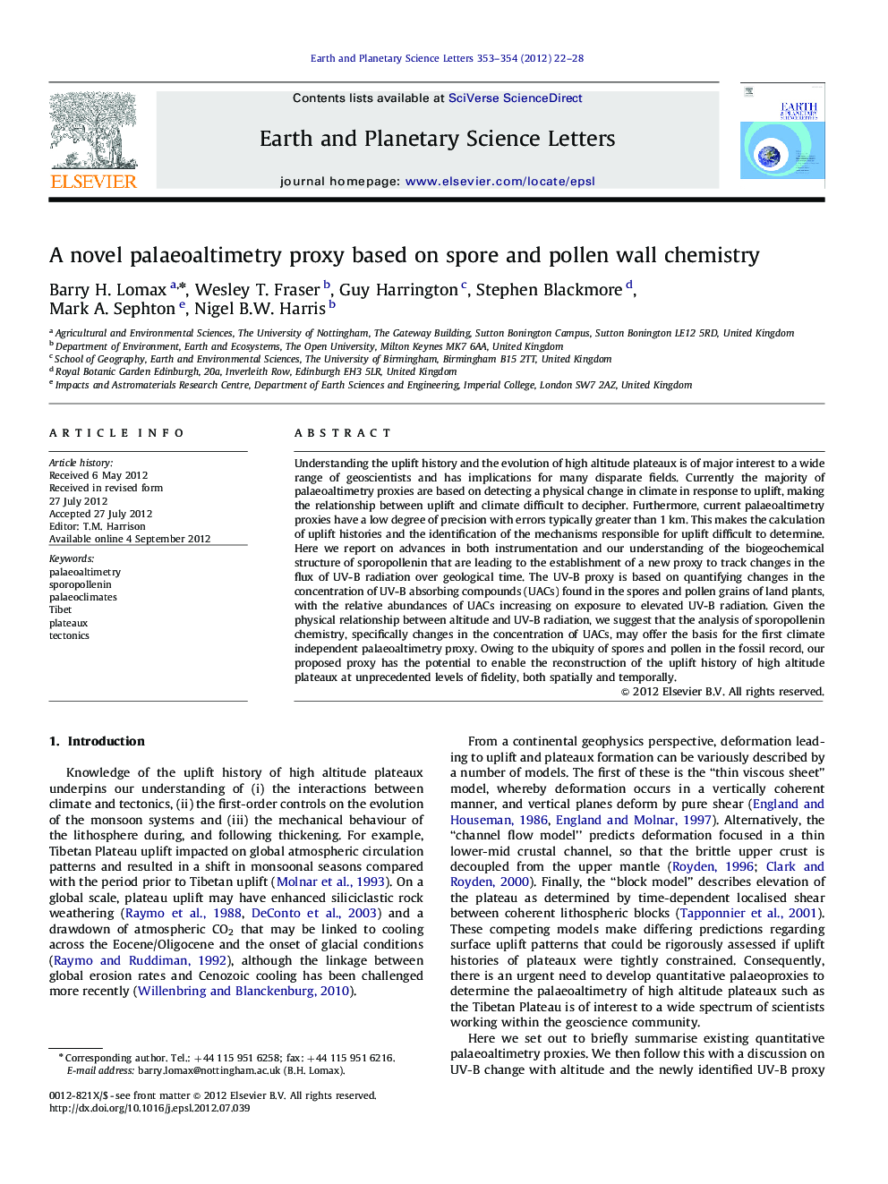 A novel palaeoaltimetry proxy based on spore and pollen wall chemistry