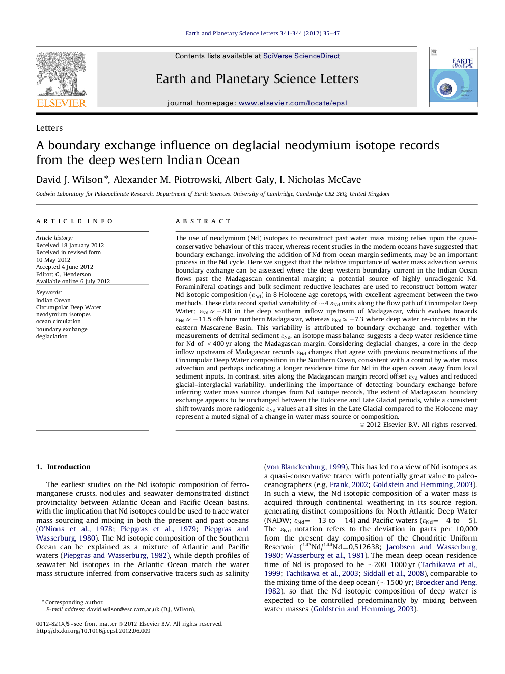 LettersA boundary exchange influence on deglacial neodymium isotope records from the deep western Indian Ocean