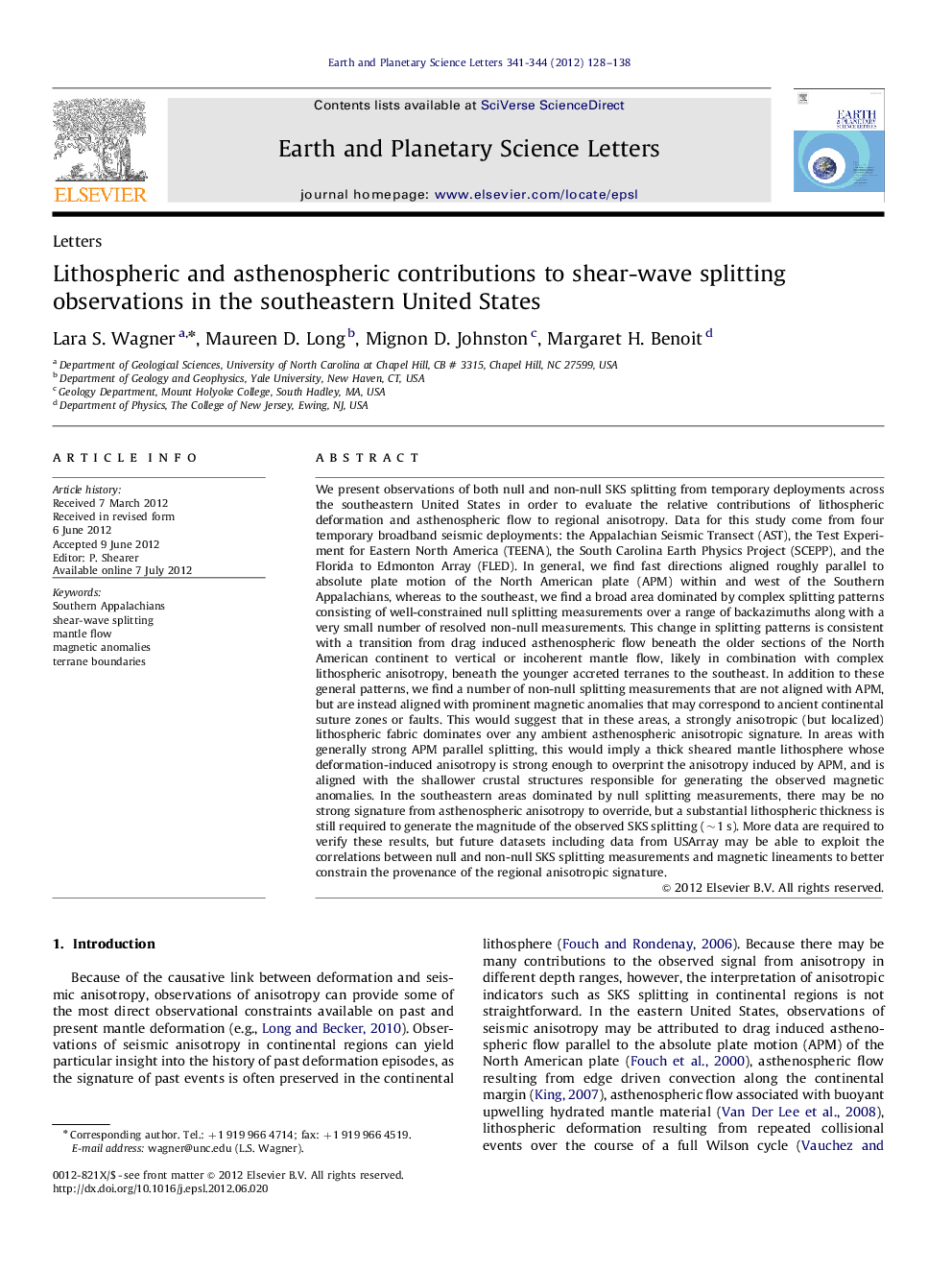 LettersLithospheric and asthenospheric contributions to shear-wave splitting observations in the southeastern United States