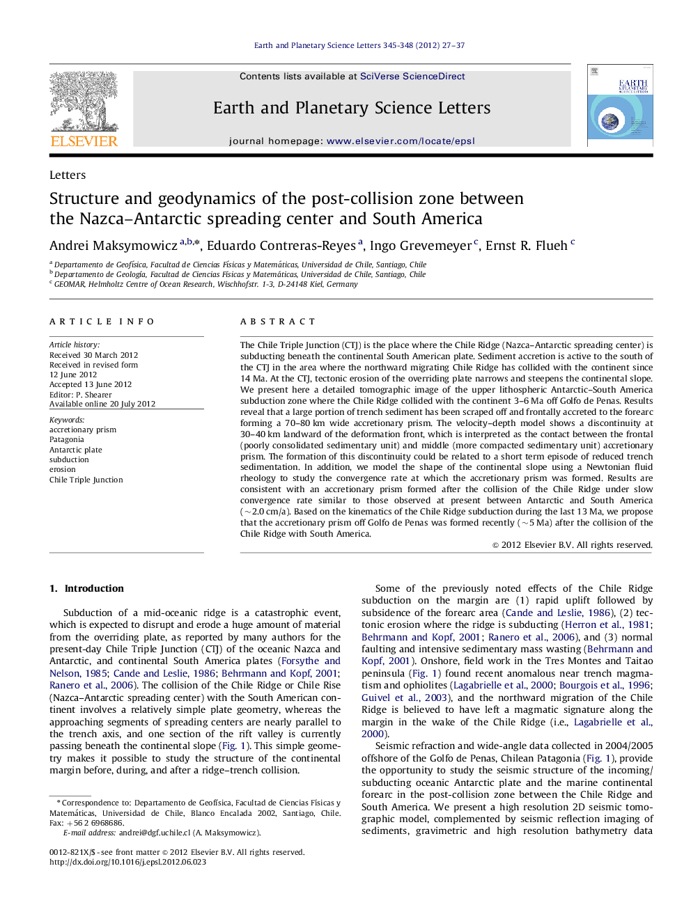 LettersStructure and geodynamics of the post-collision zone between the Nazca-Antarctic spreading center and South America