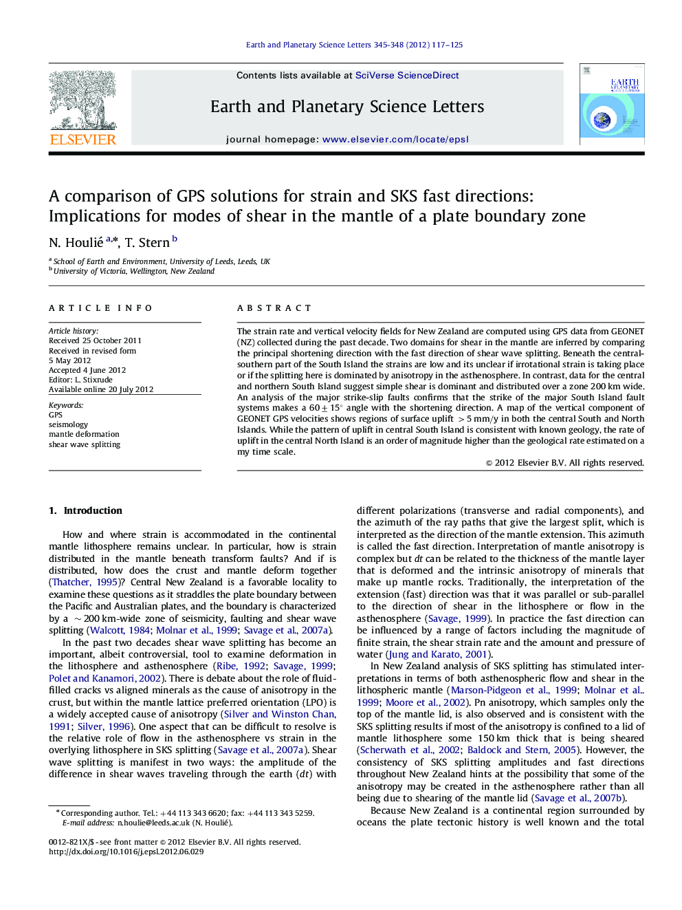 A comparison of GPS solutions for strain and SKS fast directions: Implications for modes of shear in the mantle of a plate boundary zone