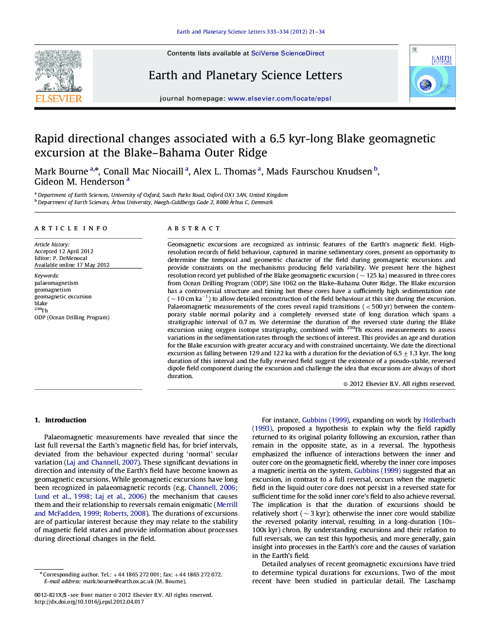 Rapid directional changes associated with a 6.5 kyr-long Blake geomagnetic excursion at the Blake–Bahama Outer Ridge