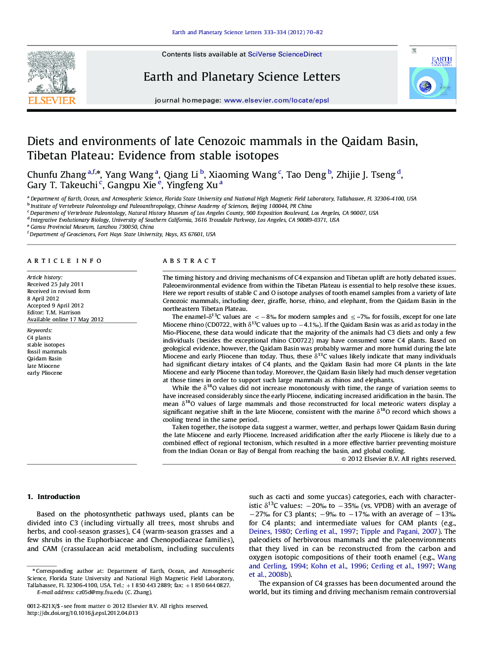 Diets and environments of late Cenozoic mammals in the Qaidam Basin, Tibetan Plateau: Evidence from stable isotopes