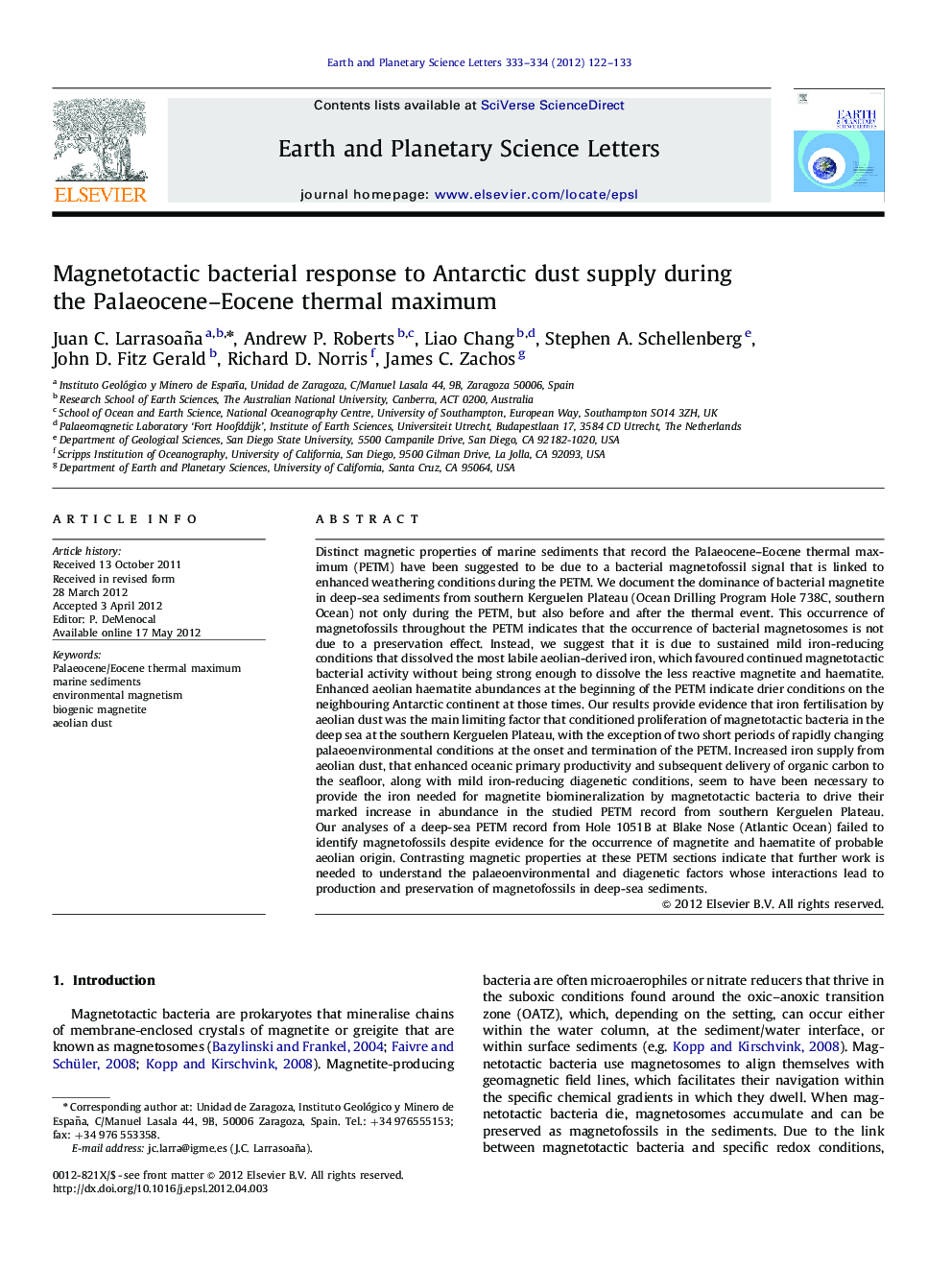 Magnetotactic bacterial response to Antarctic dust supply during the Palaeocene–Eocene thermal maximum