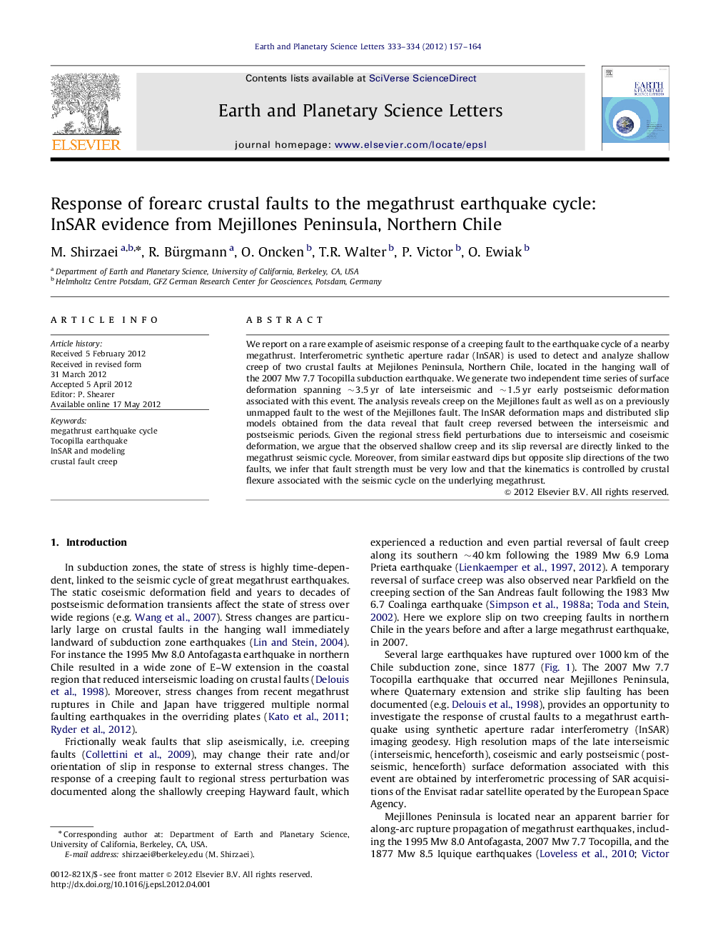 Response of forearc crustal faults to the megathrust earthquake cycle: InSAR evidence from Mejillones Peninsula, Northern Chile