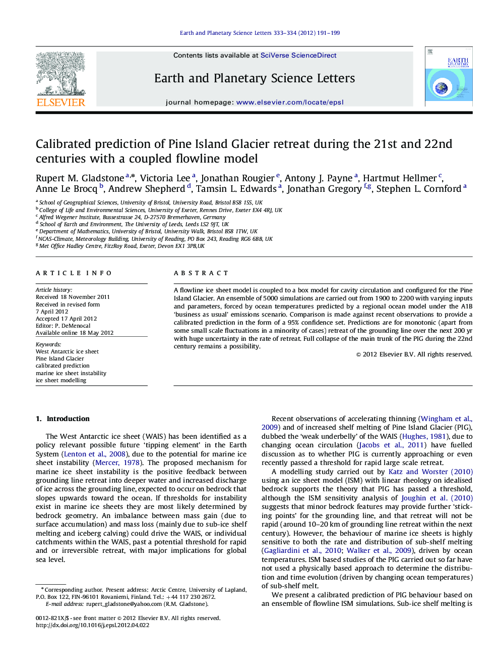 Calibrated prediction of Pine Island Glacier retreat during the 21st and 22nd centuries with a coupled flowline model