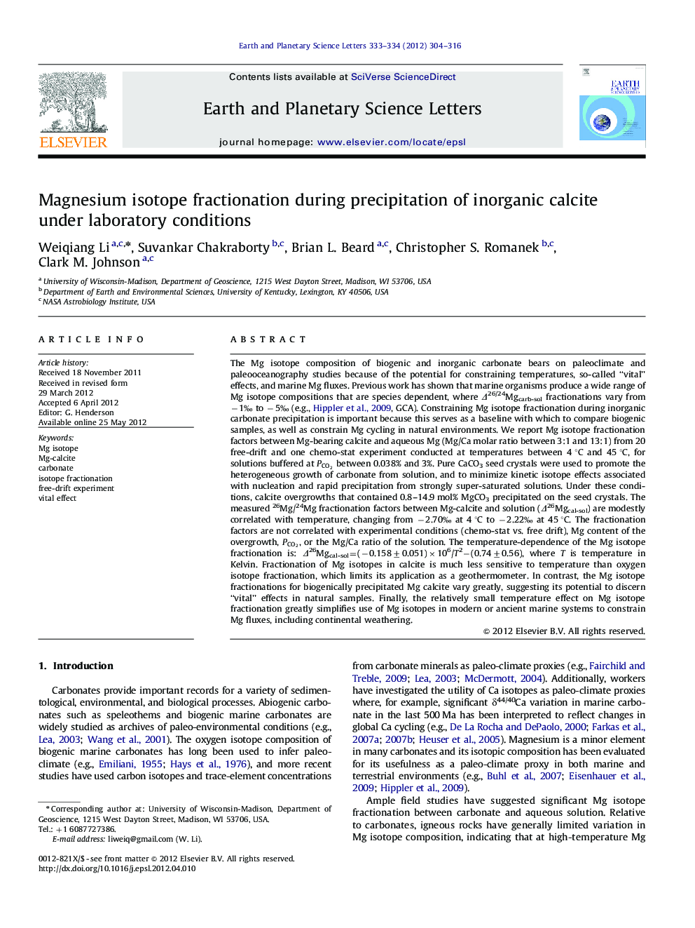 Magnesium isotope fractionation during precipitation of inorganic calcite under laboratory conditions