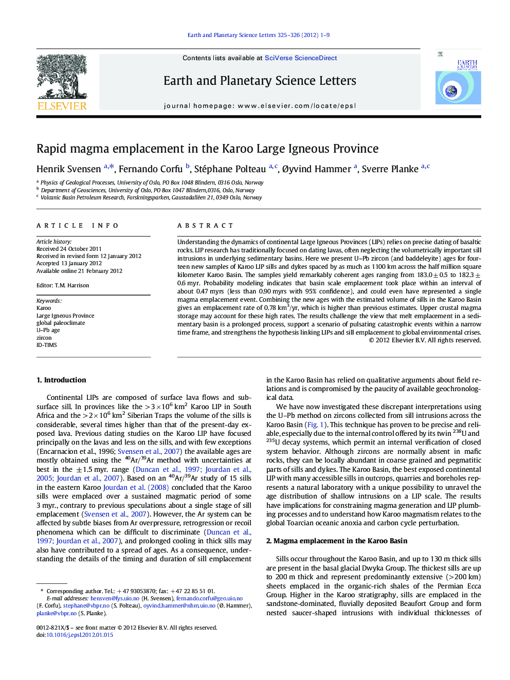 Rapid magma emplacement in the Karoo Large Igneous Province