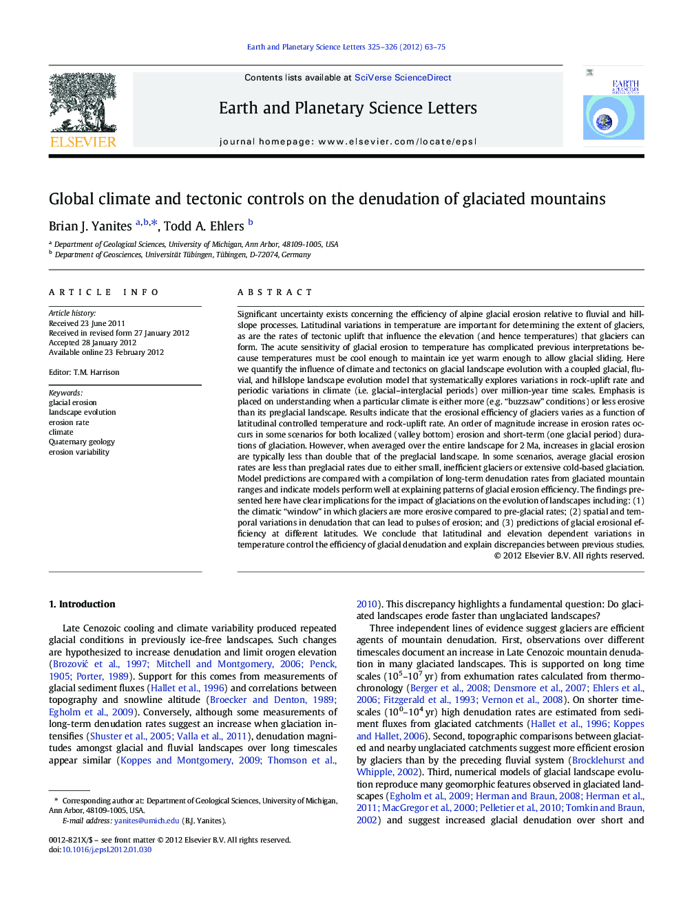 Global climate and tectonic controls on the denudation of glaciated mountains
