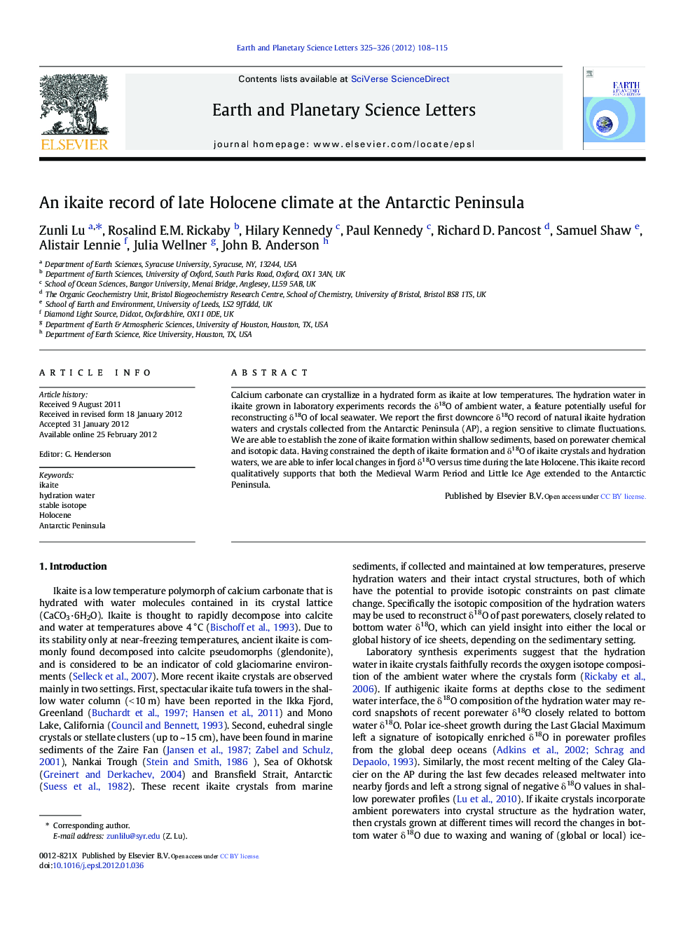 An ikaite record of late Holocene climate at the Antarctic Peninsula