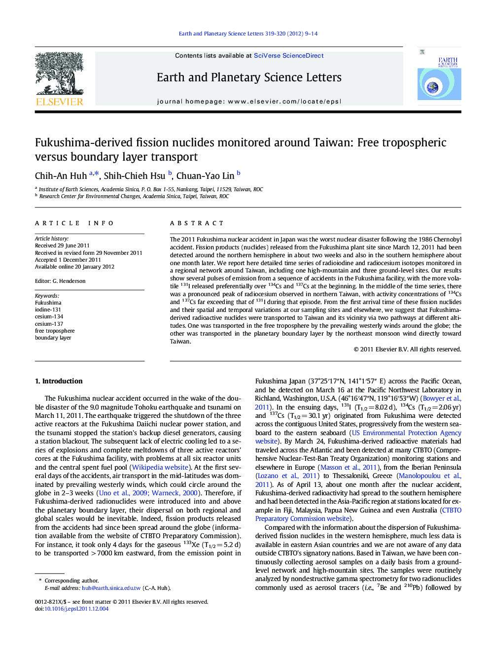 Fukushima-derived fission nuclides monitored around Taiwan: Free tropospheric versus boundary layer transport