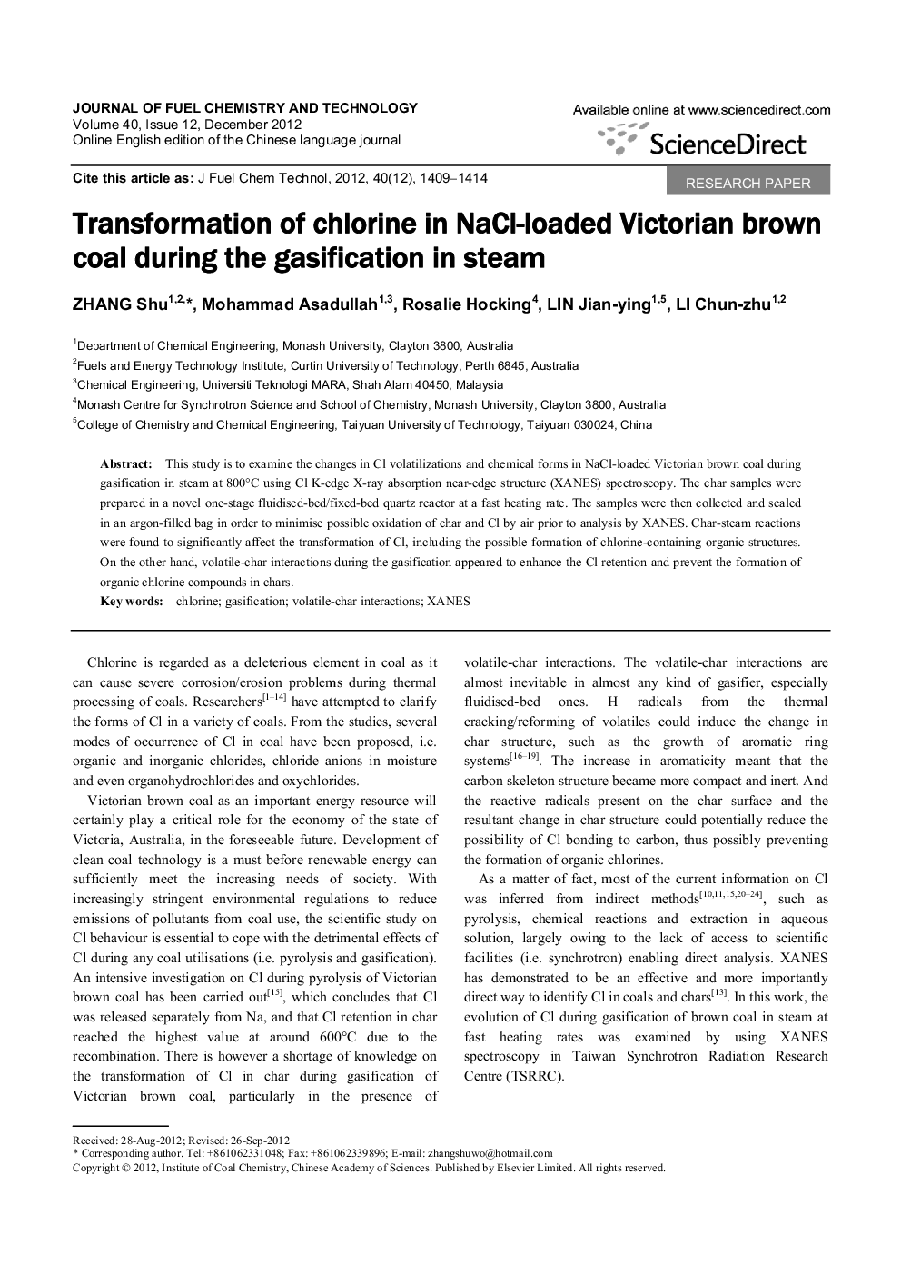 Transformation of chlorine in NaCl-loaded Victorian brown coal during the gasification in steam