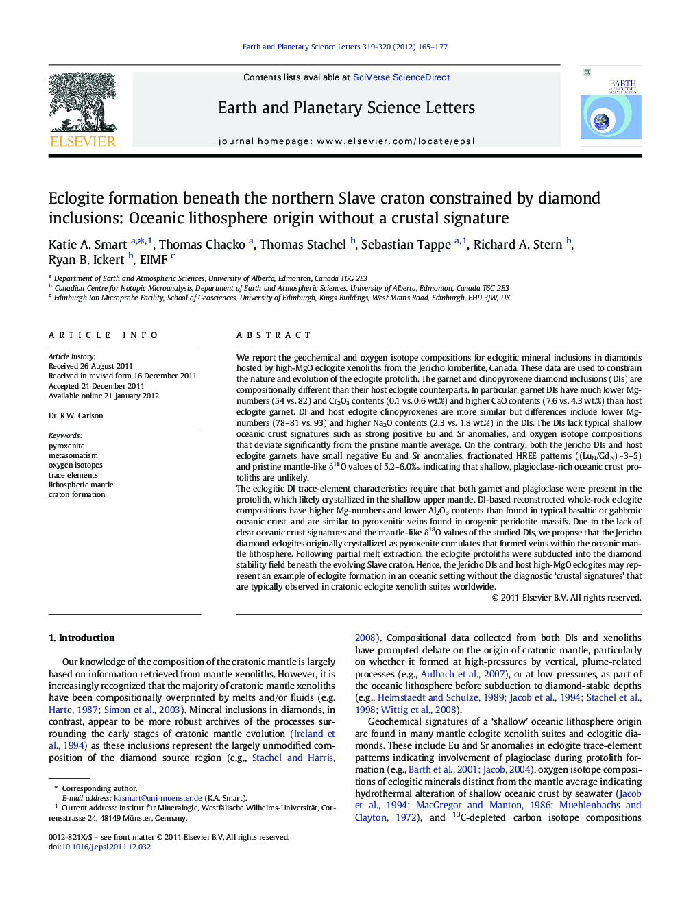 Eclogite formation beneath the northern Slave craton constrained by diamond inclusions: Oceanic lithosphere origin without a crustal signature