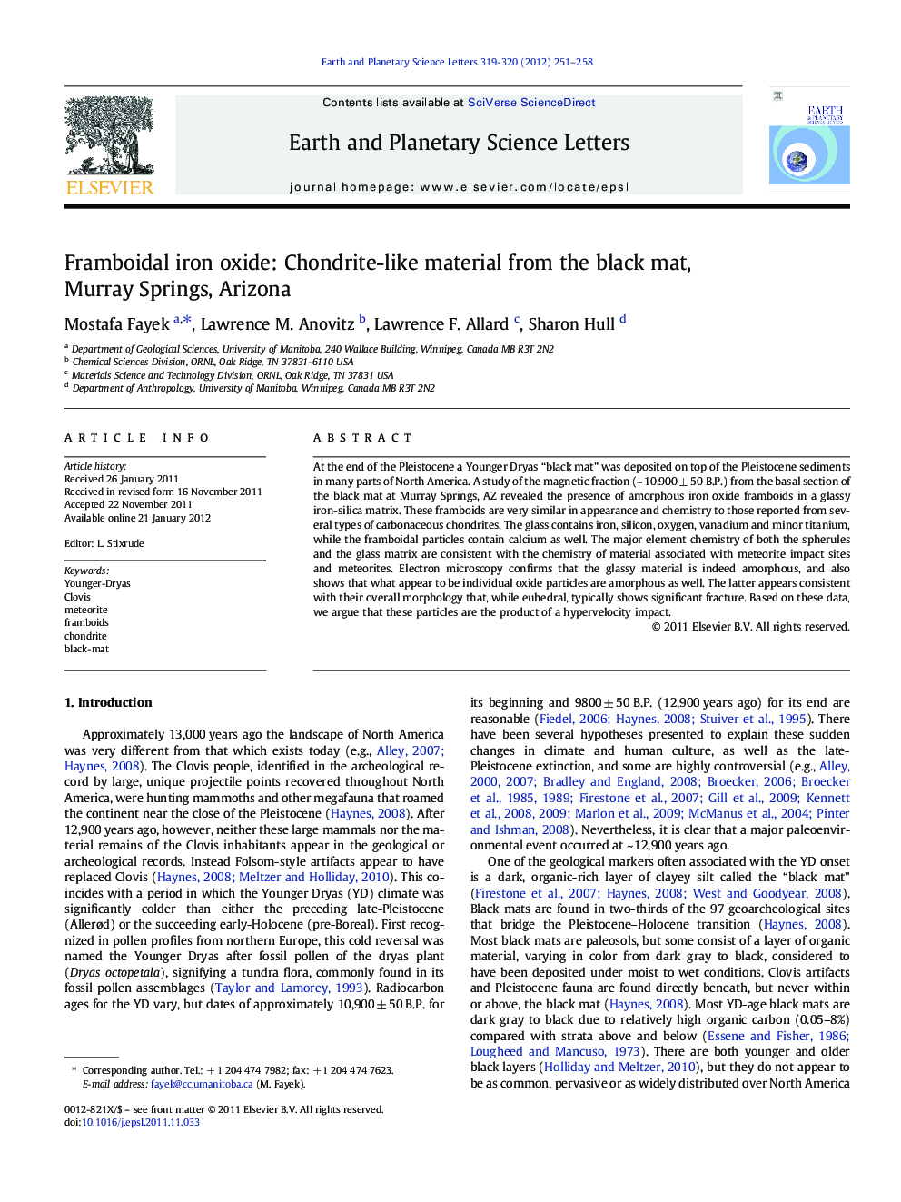 Framboidal iron oxide: Chondrite-like material from the black mat, Murray Springs, Arizona