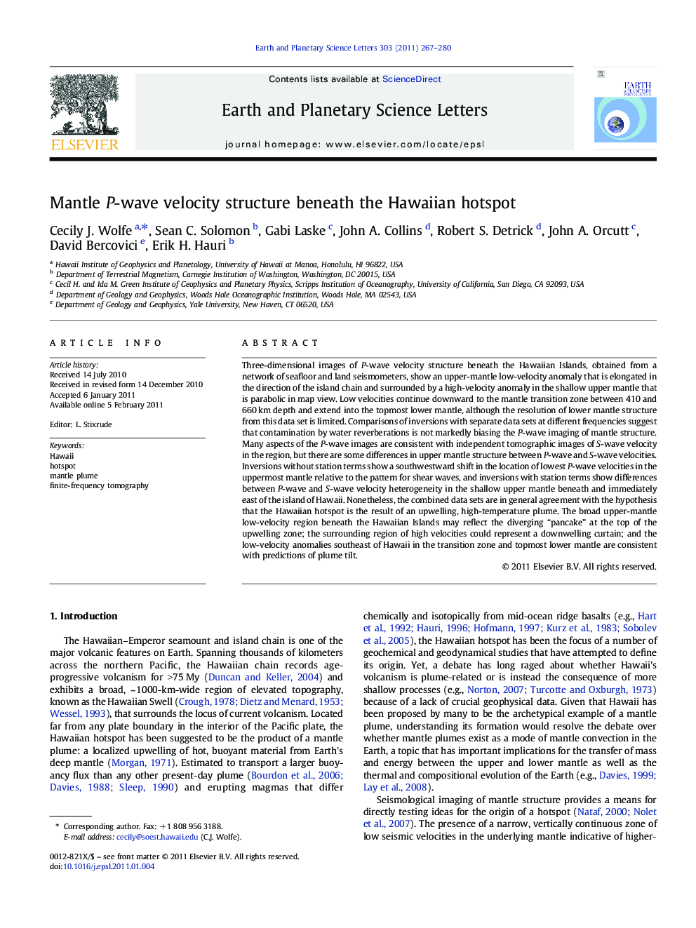 Mantle P-wave velocity structure beneath the Hawaiian hotspot