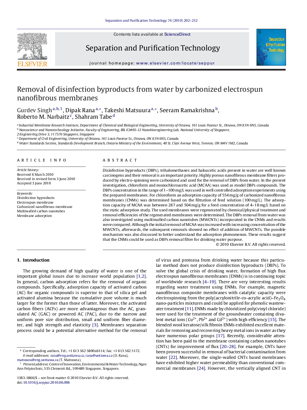 Removal of disinfection byproducts from water by carbonized electrospun nanofibrous membranes