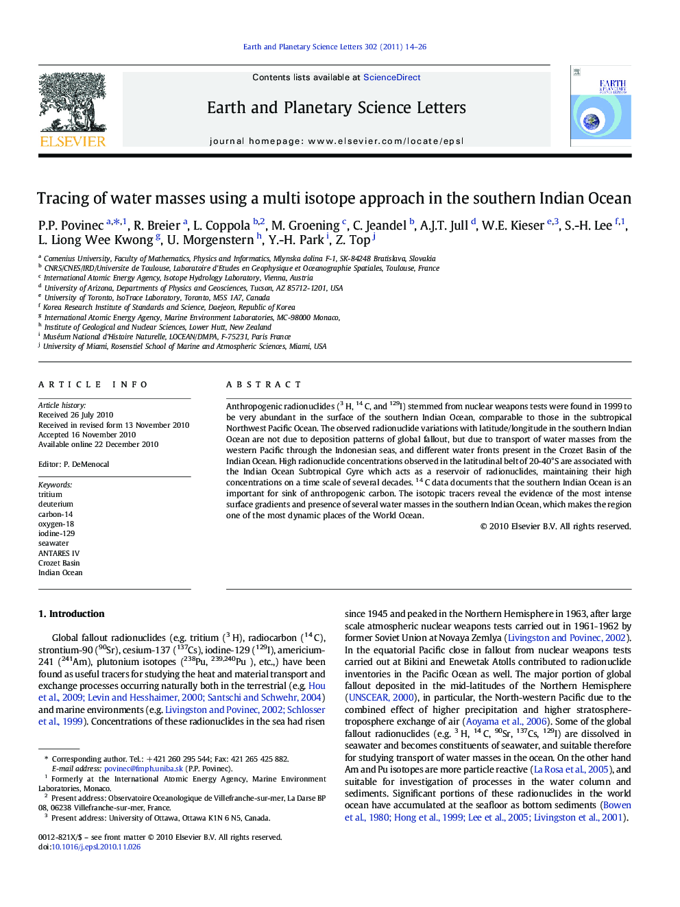 Tracing of water masses using a multi isotope approach in the southern Indian Ocean