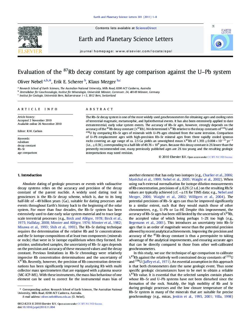 Evaluation of the 87Rb decay constant by age comparison against the U-Pb system