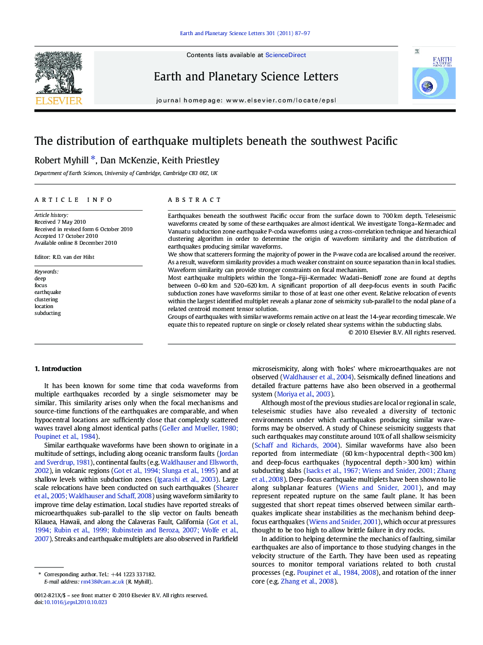 The distribution of earthquake multiplets beneath the southwest Pacific