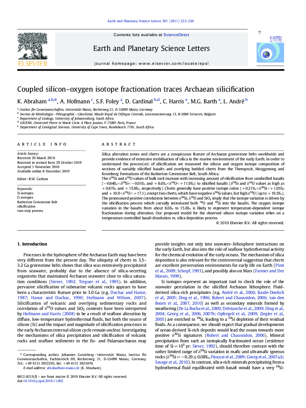 Coupled silicon-oxygen isotope fractionation traces Archaean silicification