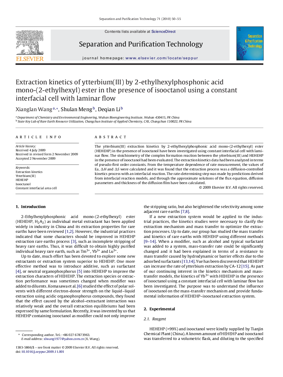 Extraction kinetics of ytterbium(III) by 2-ethylhexylphosphonic acid mono-(2-ethylhexyl) ester in the presence of isooctanol using a constant interfacial cell with laminar flow