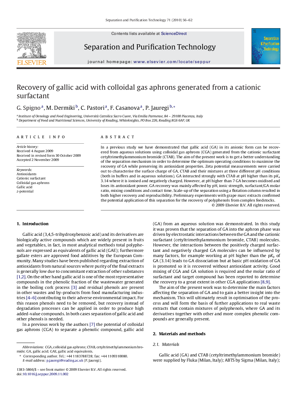 Recovery of gallic acid with colloidal gas aphrons generated from a cationic surfactant