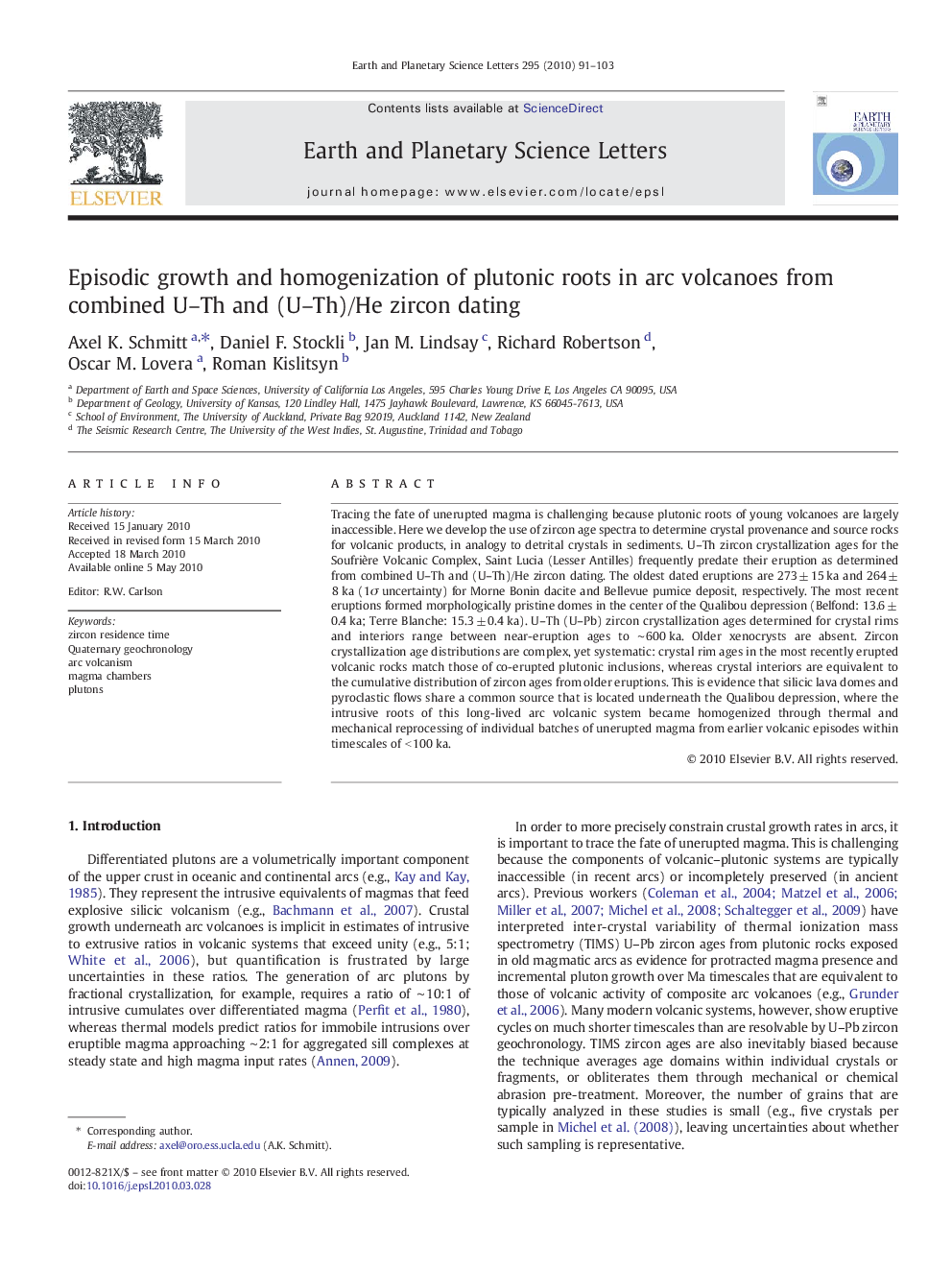 Episodic growth and homogenization of plutonic roots in arc volcanoes from combined U-Th and (U-Th)/He zircon dating