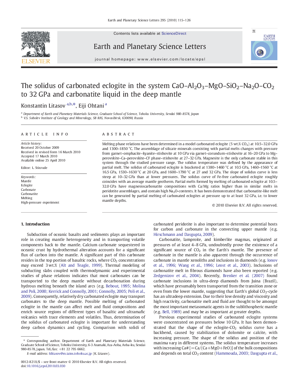 The solidus of carbonated eclogite in the system CaO-Al2O3-MgO-SiO2-Na2O-CO2 to 32Â GPa and carbonatite liquid in the deep mantle