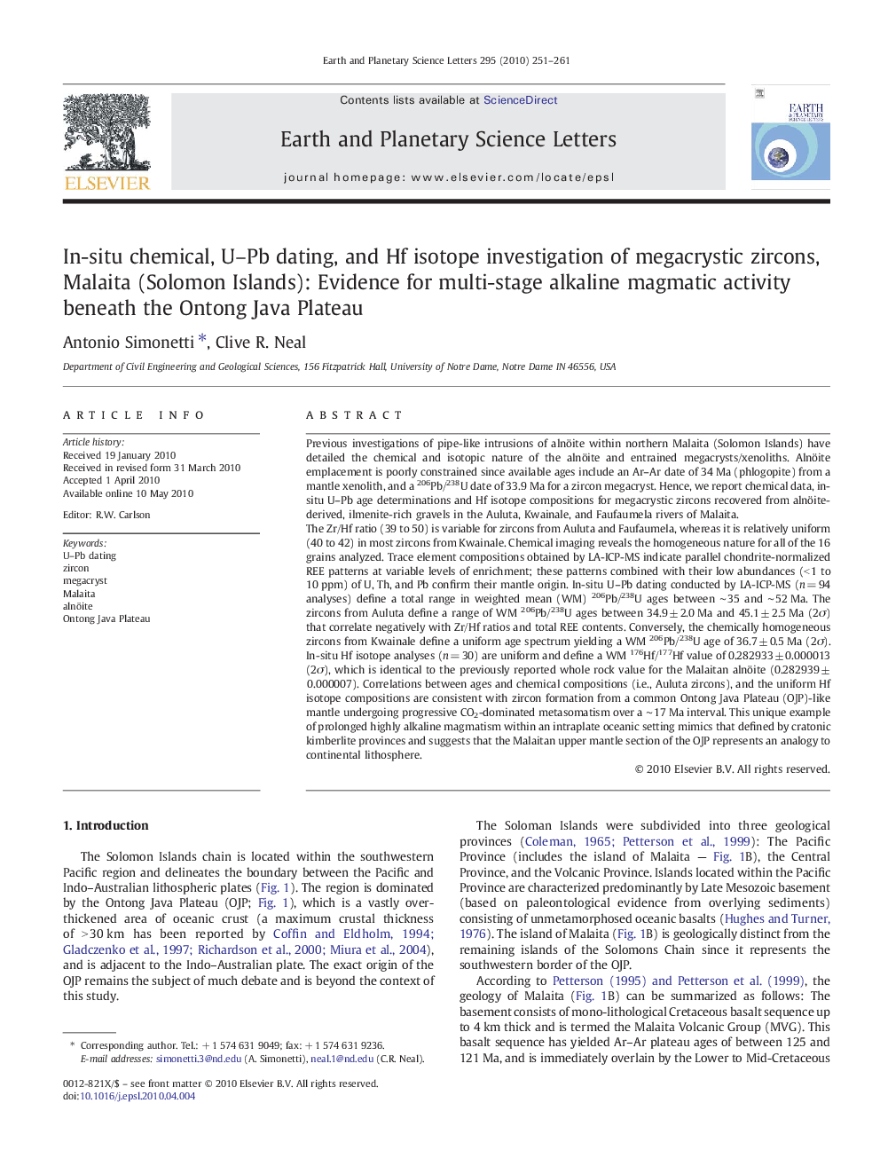 In-situ chemical, U-Pb dating, and Hf isotope investigation of megacrystic zircons, Malaita (Solomon Islands): Evidence for multi-stage alkaline magmatic activity beneath the Ontong Java Plateau