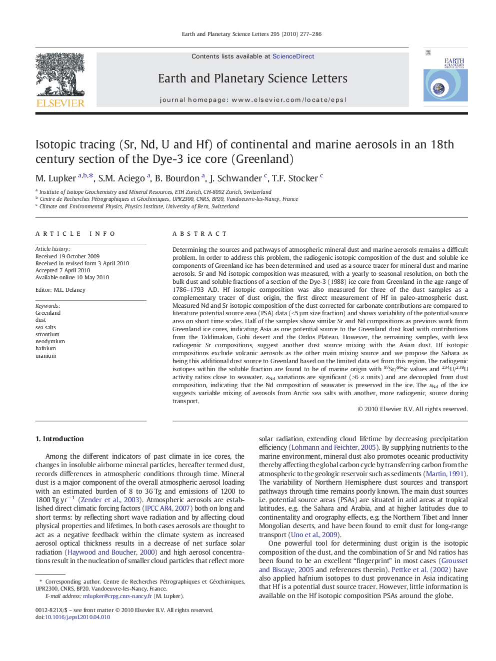 Isotopic tracing (Sr, Nd, U and Hf) of continental and marine aerosols in an 18th century section of the Dye-3 ice core (Greenland)