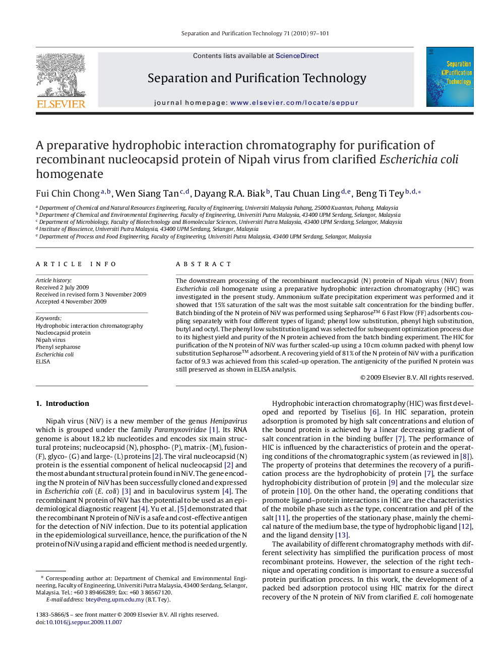 A preparative hydrophobic interaction chromatography for purification of recombinant nucleocapsid protein of Nipah virus from clarified Escherichia coli homogenate