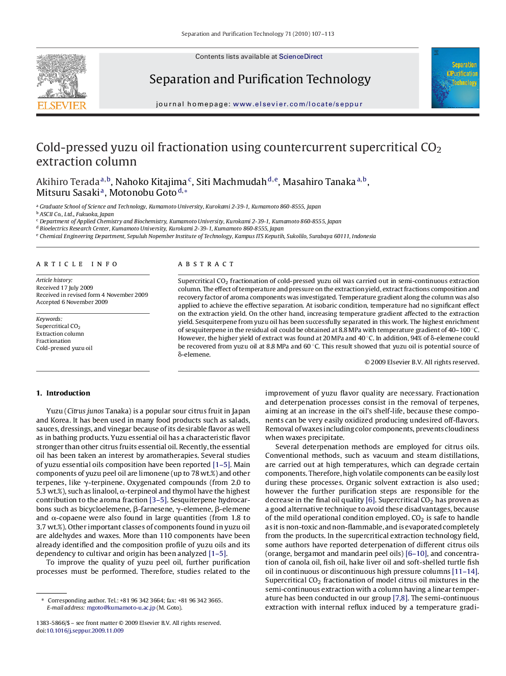 Cold-pressed yuzu oil fractionation using countercurrent supercritical CO2 extraction column