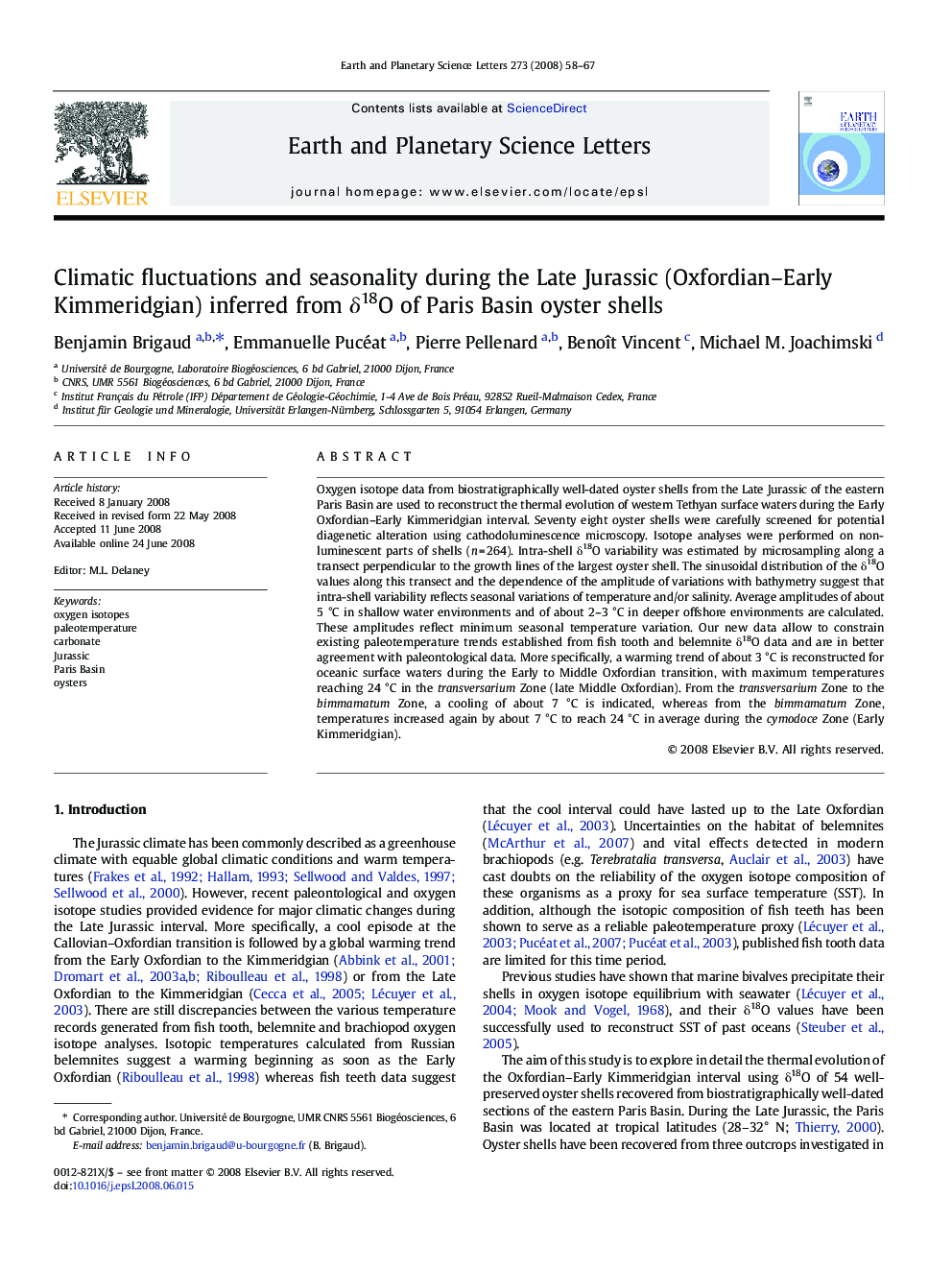 Climatic fluctuations and seasonality during the Late Jurassic (Oxfordian-Early Kimmeridgian) inferred from Î´18O of Paris Basin oyster shells