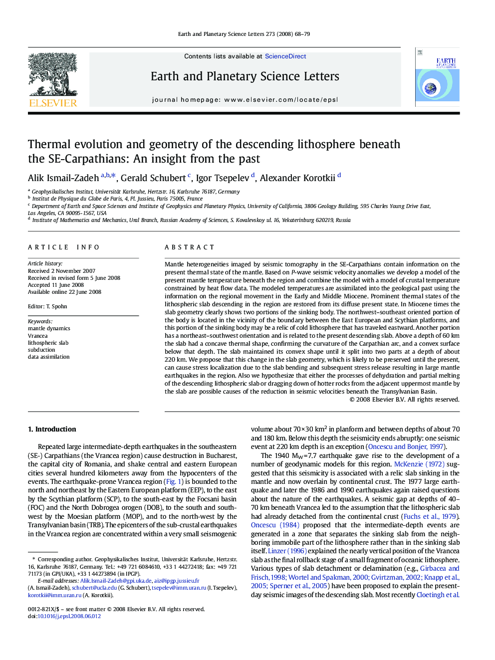 Thermal evolution and geometry of the descending lithosphere beneath the SE-Carpathians: An insight from the past