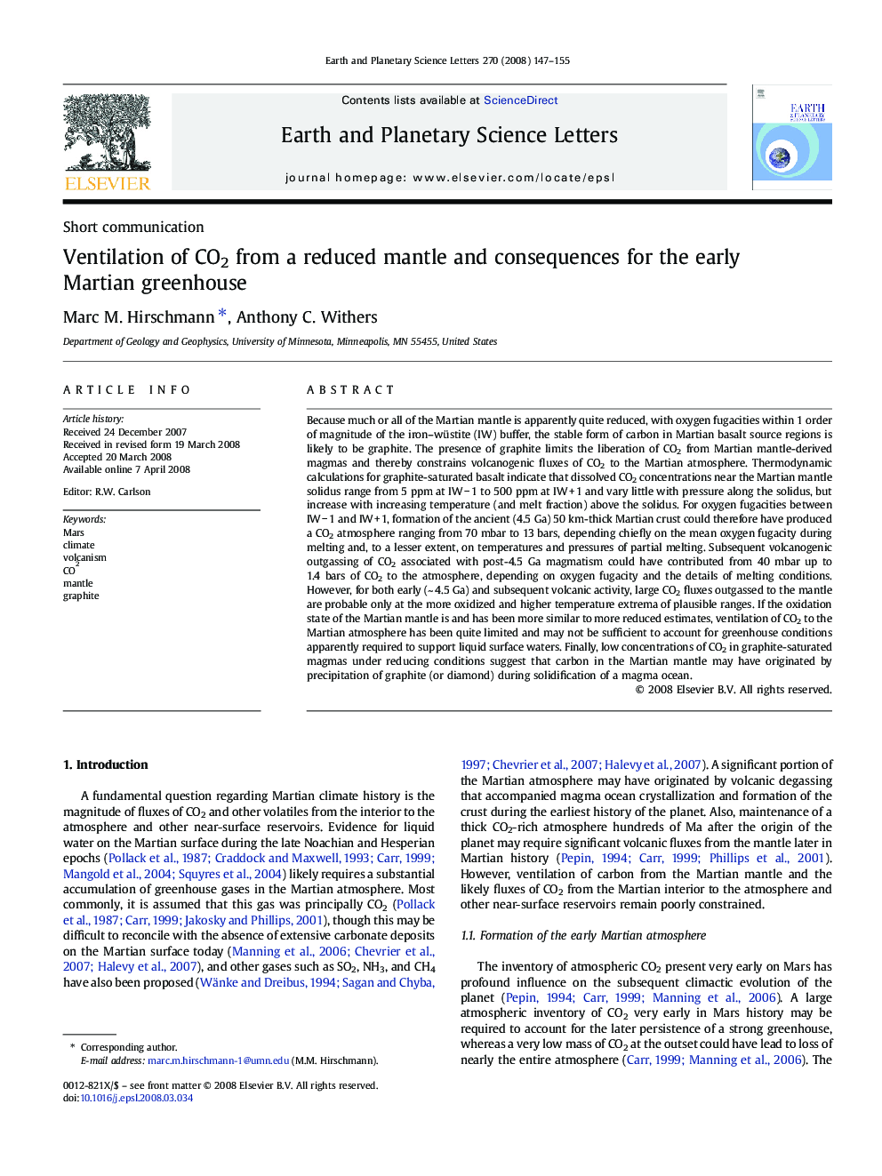 Short communicationVentilation of CO2 from a reduced mantle and consequences for the early Martian greenhouse