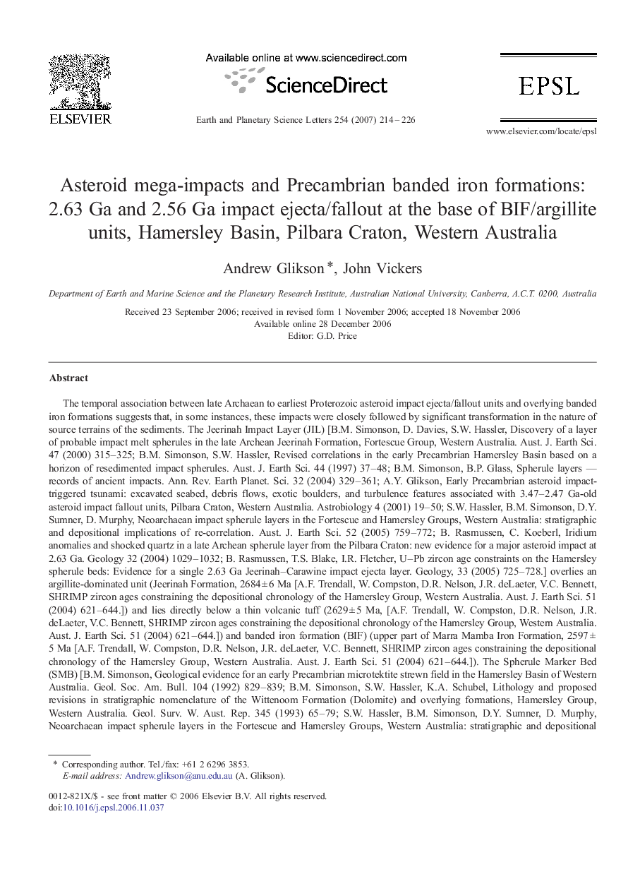 Asteroid mega-impacts and Precambrian banded iron formations: 2.63Â Ga and 2.56Â Ga impact ejecta/fallout at the base of BIF/argillite units, Hamersley Basin, Pilbara Craton, Western Australia