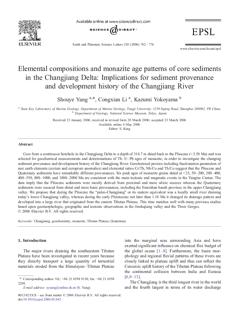 عکس صفحه اول مقاله: Elemental compositions and monazite age patterns of core sediments in the Changjiang Delta: Implications for sediment provenance and development history of the Changjiang River Elemental compositions and monazite age patterns of core sediments in the Changjiang Delta: Implications for sediment provenance and development history of the Changjiang River
