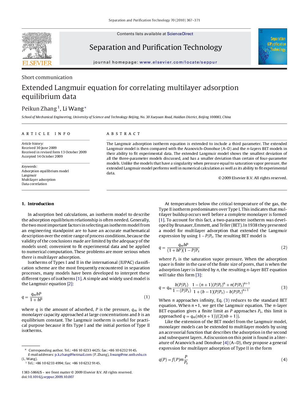 Extended Langmuir equation for correlating multilayer adsorption equilibrium data