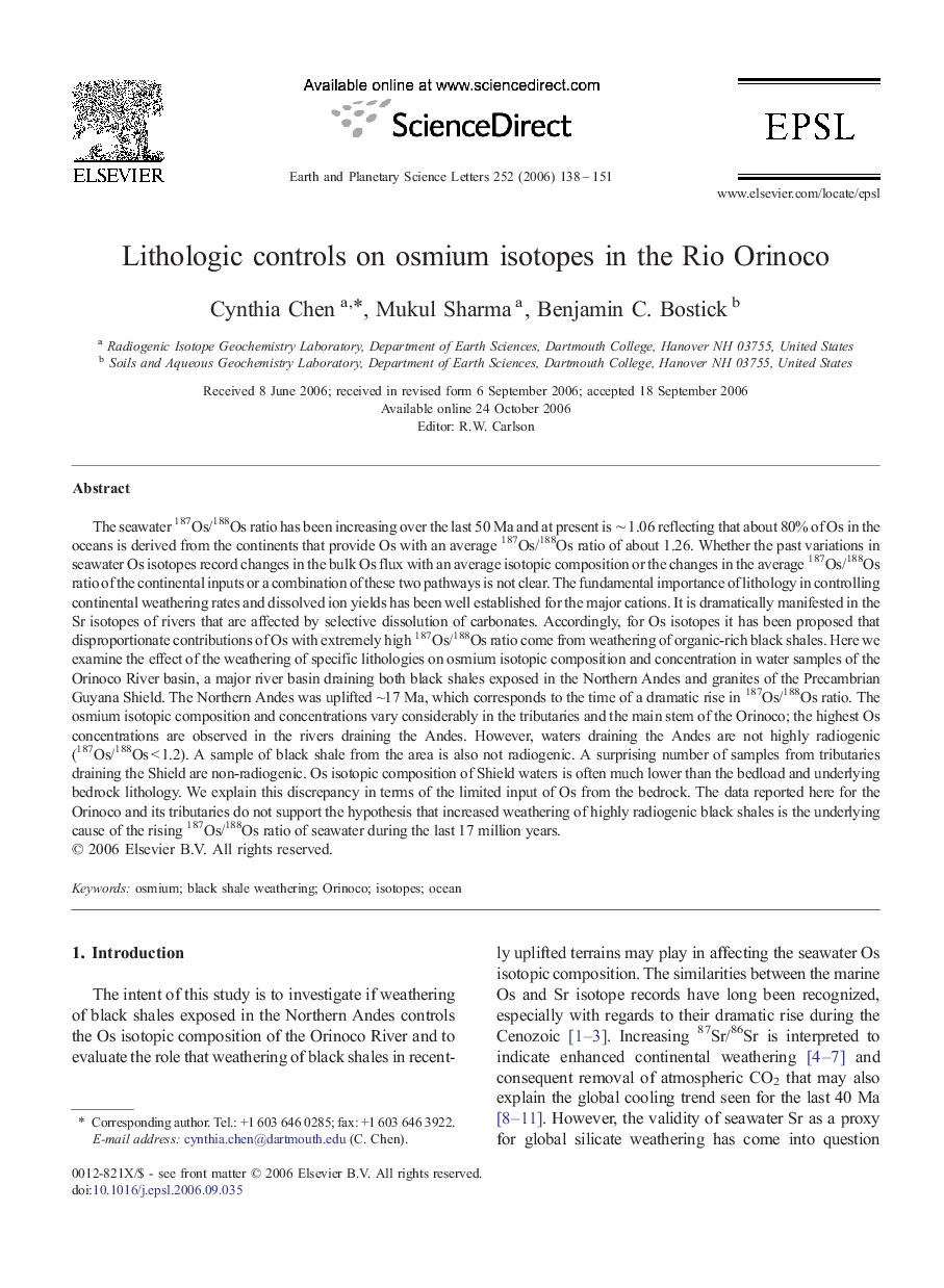 Lithologic controls on osmium isotopes in the Rio Orinoco